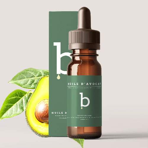 Flacon d’huile d’avocat pure naturelle obtenue par première pression à froid, disponible en 30 ml, 100 ml, 250 ml et 1 litre.